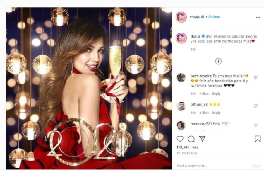 La mexicana Thalia apostó por un tono positivo y brindó la pasada noche '¡Por el amor, la salud, la alegría y la vida!', dijo la esposa de Tommy Mottola junto a una hermosa postal. 'Hemos sobrevivido a este año juntos y lo hemos hecho desde una perspectiva muy especial, la del amor que nos une', dijo, por otro lado, en un video publicado también en Instagram y en que el quiso destacar además que el mundo es 'totalmente diferente a cómo arrancó el año', pues la humanidad ha 'crecido espiritualmente'.