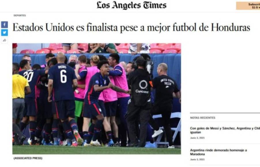 Los Angeles Times de EUA señaló que el mejor fútbol lo presentó Honduras.