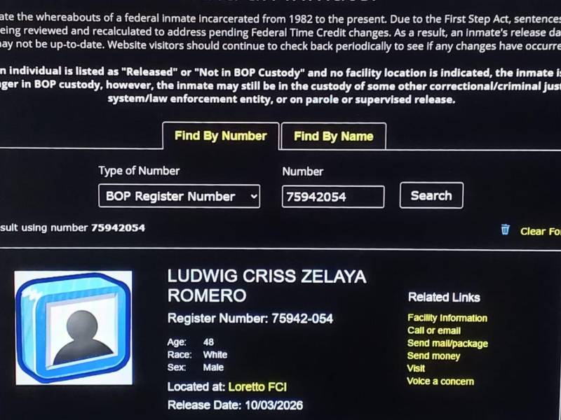 Registro del Buró Federal de Prisiones (BOP) que confirma que Ludwig Zelaya Romero recobró su libertad.