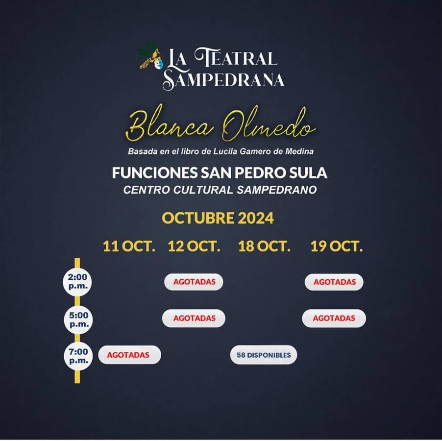 Solo 58 cupos quedaban hace un día para el 18 de octubre a las 7 p. m., en el Centro Cultural Sampedrano. Actualmente, seguro quedan menos.