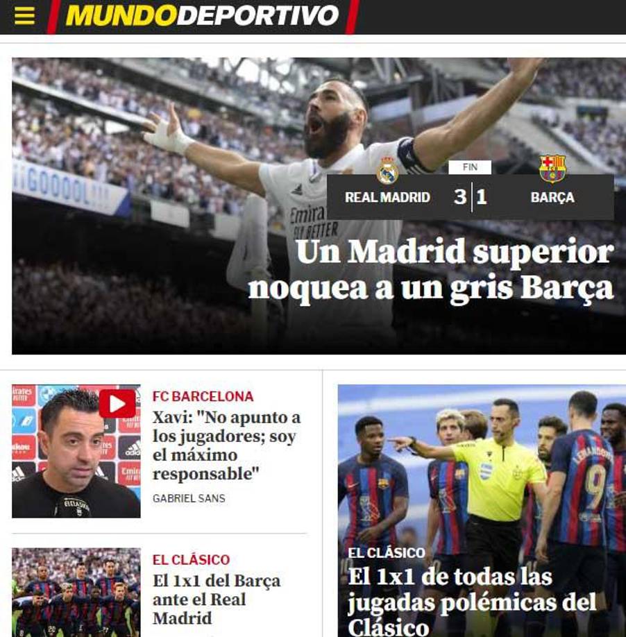 El portal catalán Mundo Deportivo: “Un Madrid superior noquea a un gris Barca.”