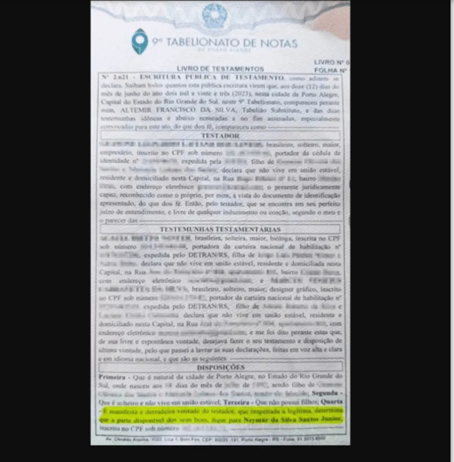 El testamento del hombre que le dejó todos sus bienes a Neymar.