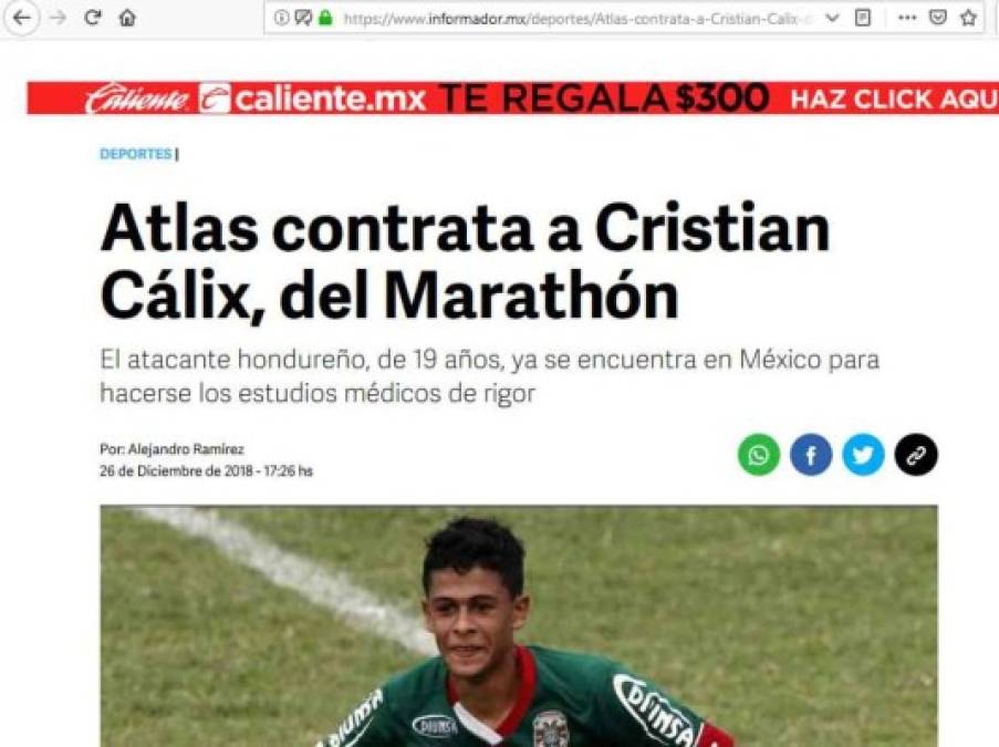 Cristian Cálix llega como agente libre al Atlas de México.