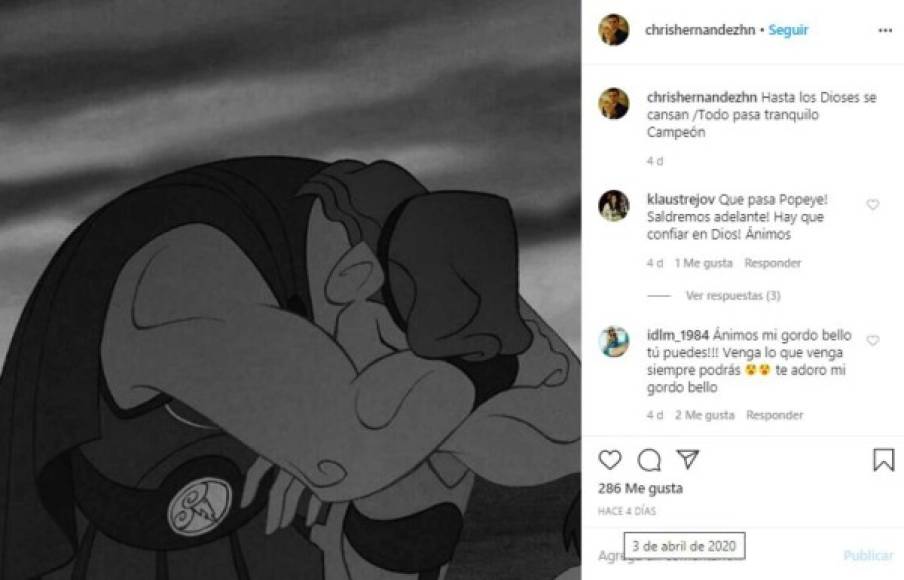 Pero el pasado 03 de abril, el joven parecía aludir a una posible decepción amorosa publicando una foto del personaje de Disney Hércules con el epígrafe “Hasta los Dioses se cansan /Todo pasa tranquilo Campeón.”