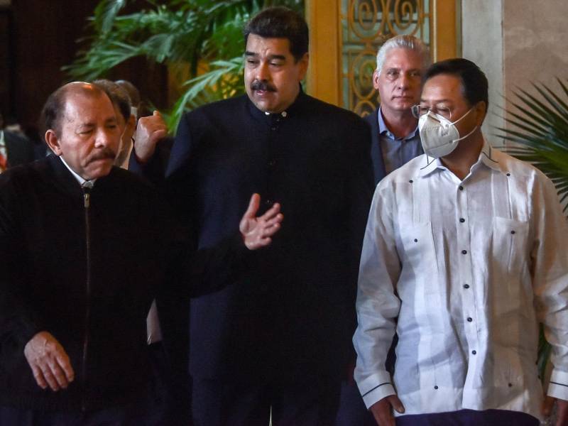 Los presidentes de Nicaragua, Daniel Ortega, Venezuela Nicolás Maduro, Bolivia Luis Arce y Cuba, Miguel Díaz Canel durante la reunión del ALBA en La Habana.
