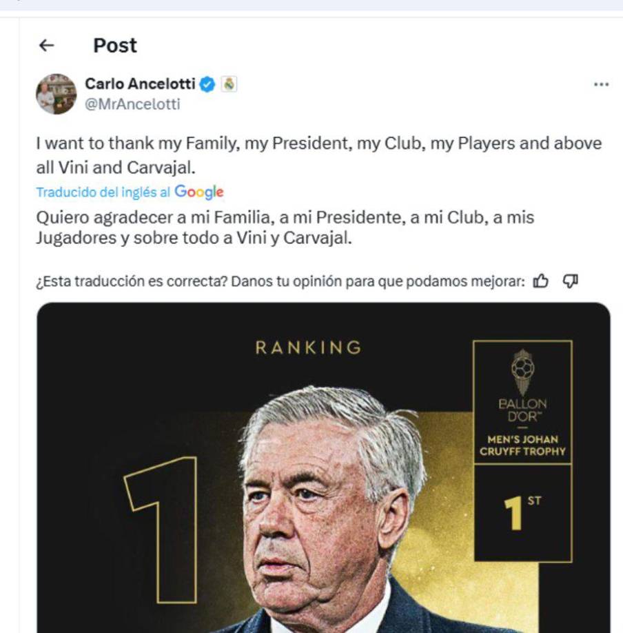 Ancelotti fue premiado como el mejor entrenador y dejó palabras de agradecimiento a Vinicius. 