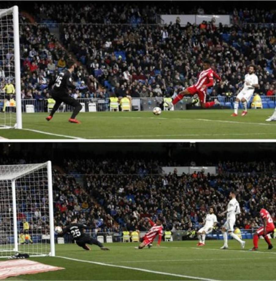 Antony 'Choco' Lozano abrió el marcador para el Girona en el Bernabéu con este disparo de derecha frente al portero belga Thibaut Courtois.