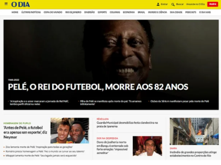 O DIA de Brasil: “Pelé, ‘O Rei’ del fútbol, muere a los 82 años”.