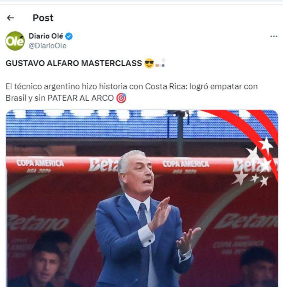 ”Gustavo Alfaro Masterclass”, señalan los argentinos respecto al DT de Costa Rica.