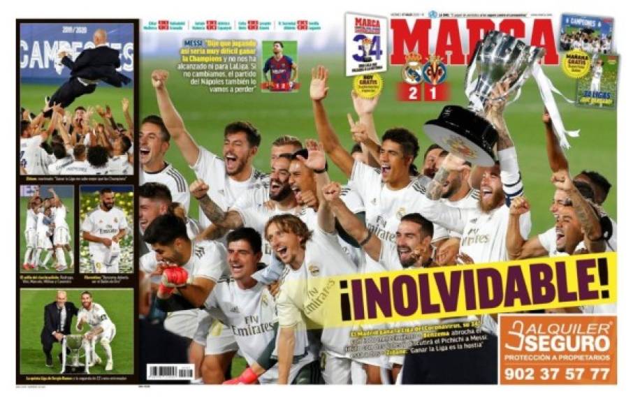 Diario Marca - '¡Inolvidable!'. 'El Real Madrid gana la Liga del coronavirus, su 34º, con todo merecimiento'.