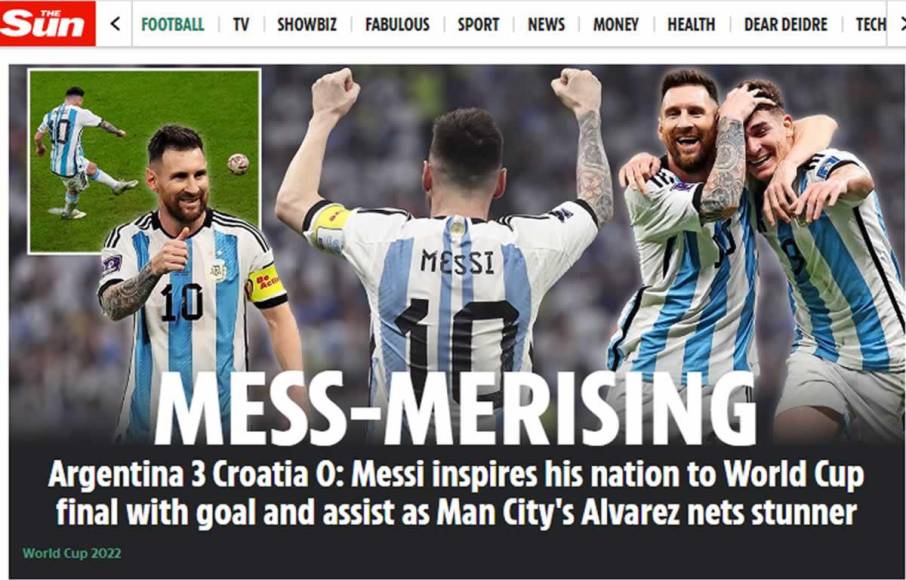 The Sun - “Messi inspira a su nación a la final de la Copa del Mundo con gol y asistencia, mientras que Álvarez anota un golazo”.