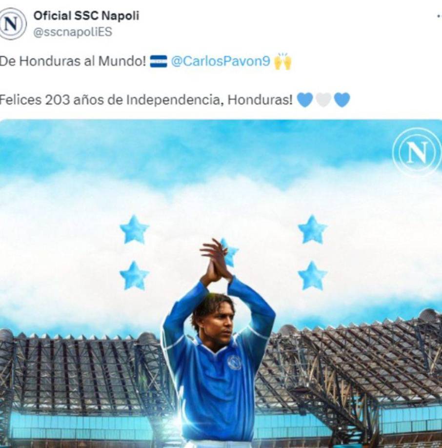 El Napoli de la Serie A de Italia sorprendió al felicitar a Honduras por sus 203 años de Independencia: ‘De Honduras al Mundo Carlos Pavón. Felices 2023 años de independencia, Honduras”, señaló el club italiano.