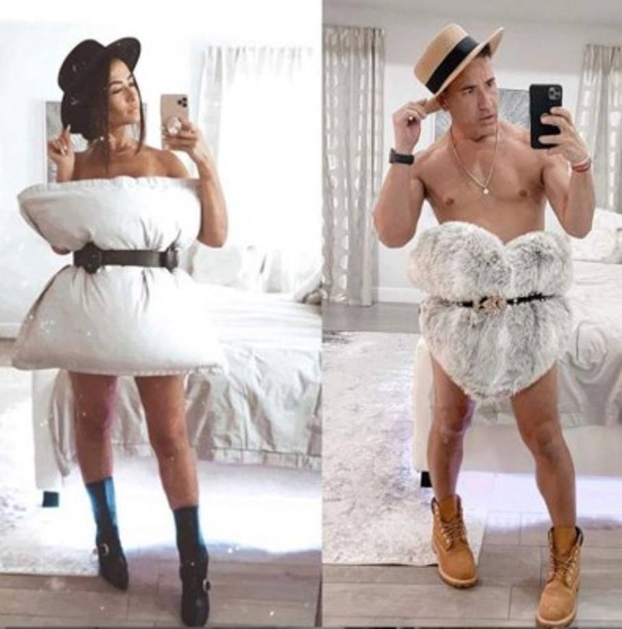 El presentador de 'Suelta La Sopa' Jorge Bernal y su esposa Karla posando con su atuendo para el Pillow Challenge.