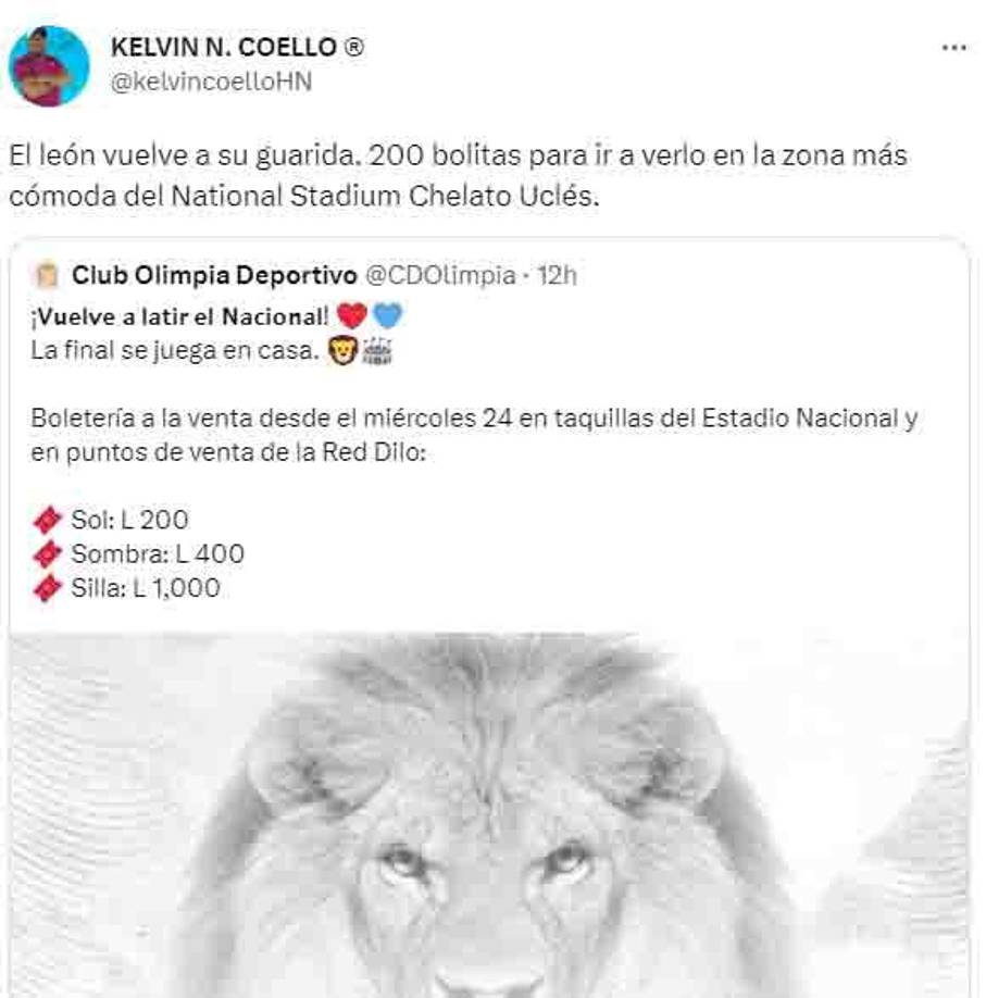 ”El León vuelve a su guarida. 200 bolitas para ir a verlo en la zona más cómoda”, indicó el periodista Kelvin Coello.