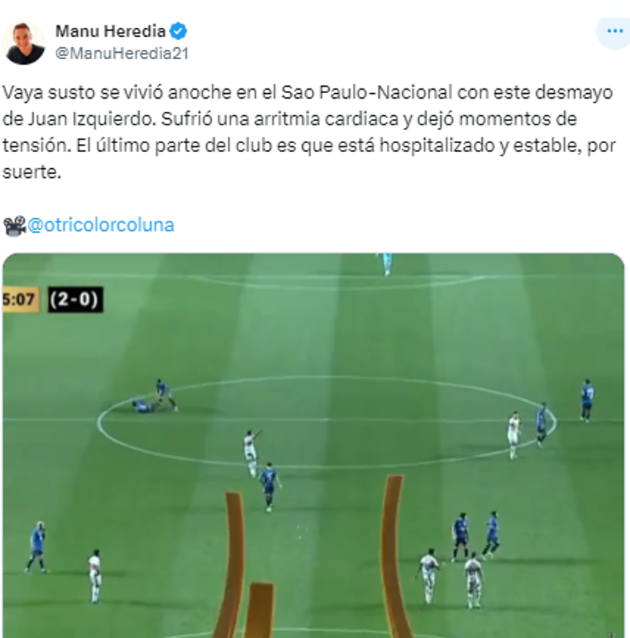 “Juan nunca había arrojado ningún episodio cardíaco de ningún aspecto, se está evaluando porque ocurrió este episodio que fue sorpresivo para todos. Él está sedado y va a quedar internado unos días acá. Sufrió una arritmia, que es un episodio cardíaco, pero no fue un infarto”, reveló.