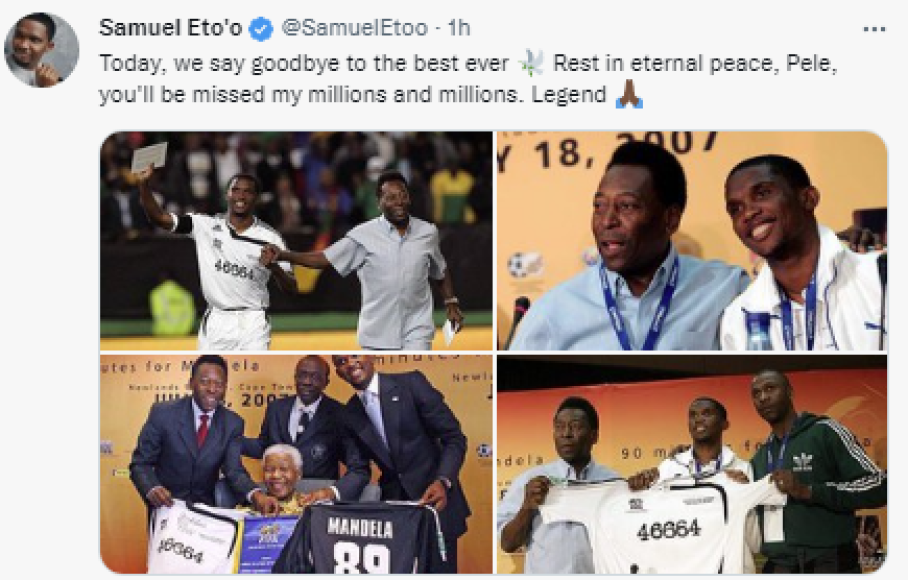  “Hoy despedimos al mejor de todos”, señaló Samuel Eto’o, uno de los mejores jugadores africanos de la historia y actual presidente de la Federación de Camerún.