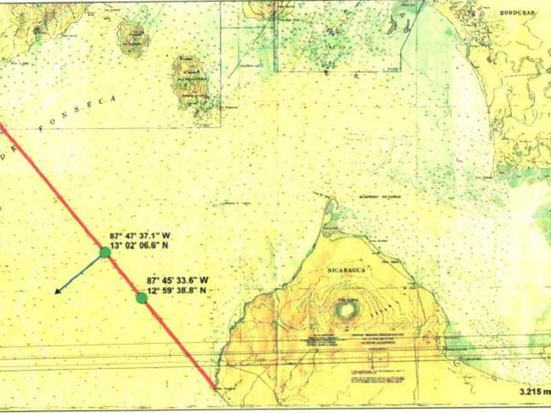Imagen muestra el mapa de la delimitación de Honduras y Nicaragua en el Pacífico.
