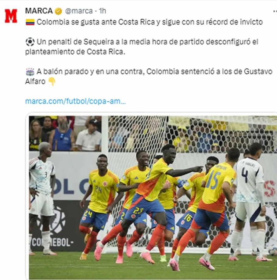 Diario Marca - “Colombia se gusta ante Costa Rica y sigue con su récord de invicto”.