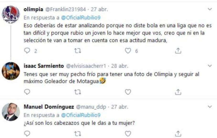 Tras las fotos de Rubilio Castillo, en redes sociales como Twitter varios seguidores del Olimpia le han respondido al delantero del Motagua e inclusive le señalan que no ha podido triunfar por ahora en el extranjero.
