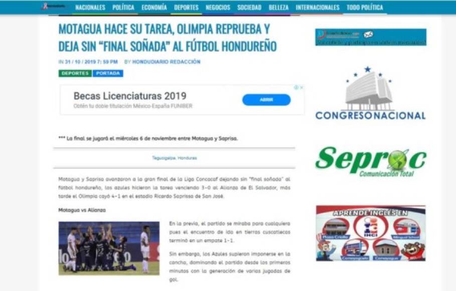 Hondudiario.com: 'Motagua hace su tarea, Olimpia reprueba y deja sin final soñada al fútbol hondureño'.