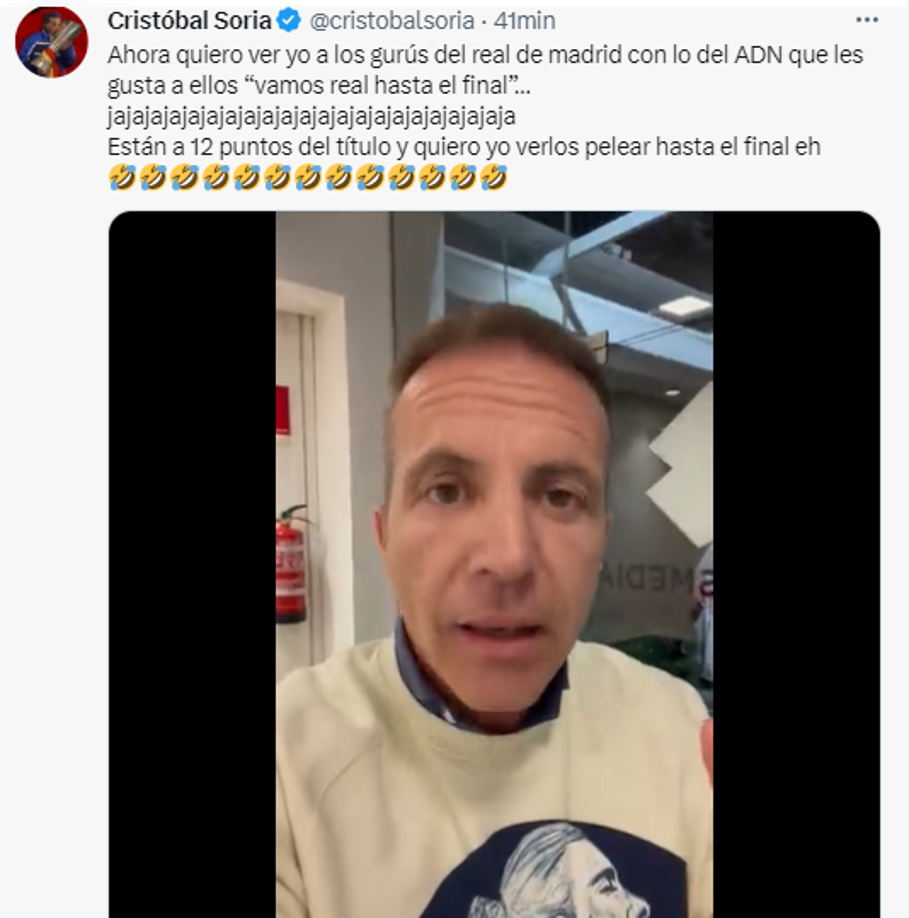 Cristóbal Soria de El Chiringuito se burló: “Ahora quiero ver yo a los gurús del Real Madrid con lo del ADN que les gusta a ellos ‘vamos real hasta el final’. Están a 12 puntos del título y quiero yo verlos pelear hasta el final”.