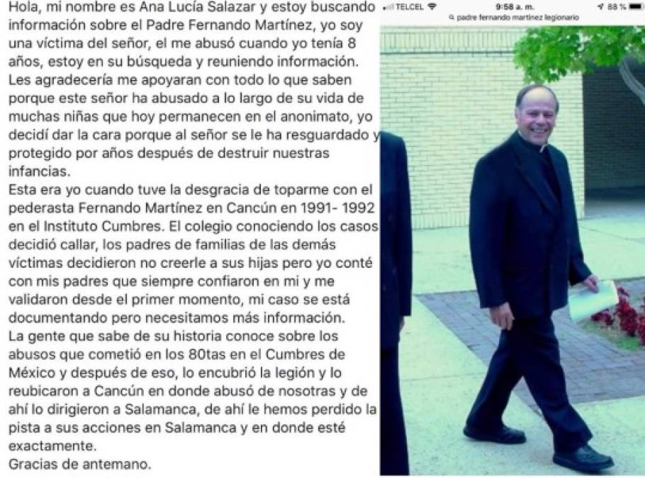 La presentadora señalo al padre Fernando Martínez como el presunto pederasta, quien habría estado abusando de niños y niñas desde mucho antes mientras la institución 'Legionarios de Cristo' se mantenía callada.<br/>