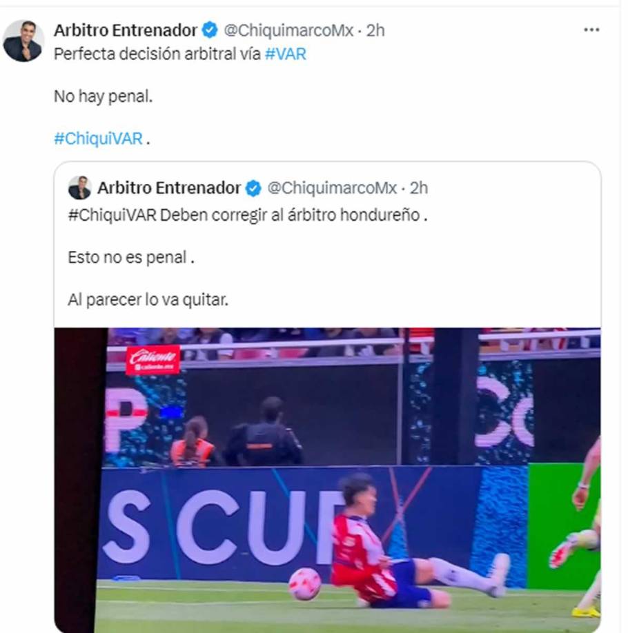 “Perfecta decisión arbitral vía VAR. No hay penal”, fue el comentario del exárbitro internacional mexicano sobre el segundo penal a favor del América que fue anulado por Saíd Martínez con la ayudar del videoarbitraje.