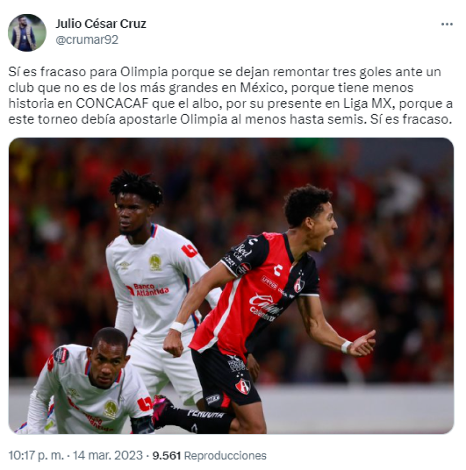 Julio Cruz, de Diario El Heraldo: “Sí es fracaso para Olimpia porque se dejan remontar tres goles ante un club que no es de los más grandes en México. Sí es fracaso”.