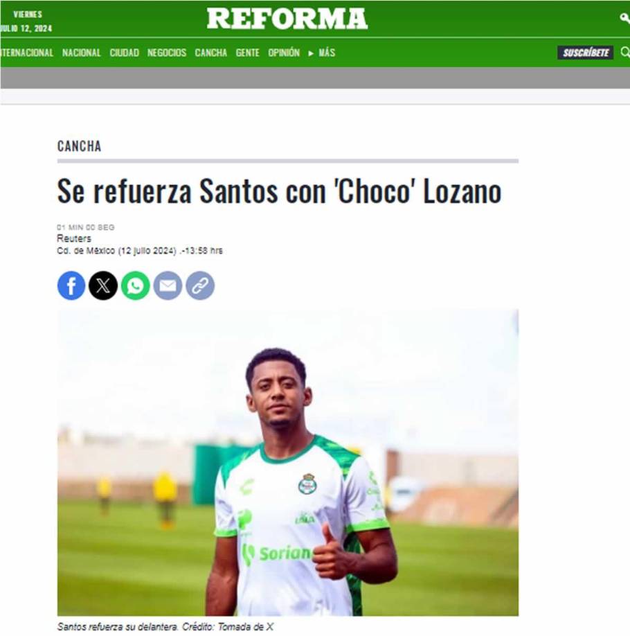 Reforma - “Se refuerza Santos con ‘Choco’ Lozano”.