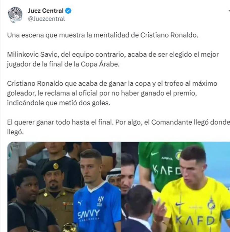 Un momento curioso se vivió tras el pitazo final: Milinkovic Savic del Al Hilal fue elegido como el mejor jugador de la final y CR7 fue a reclamar ya que señaló que él marcó dos anotaciones.