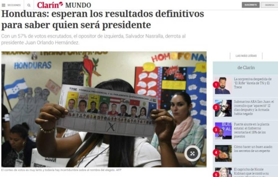 El diario argentino Clarín destacó que Honduras espera los resultados oficiales para declarar al próximo presidente.