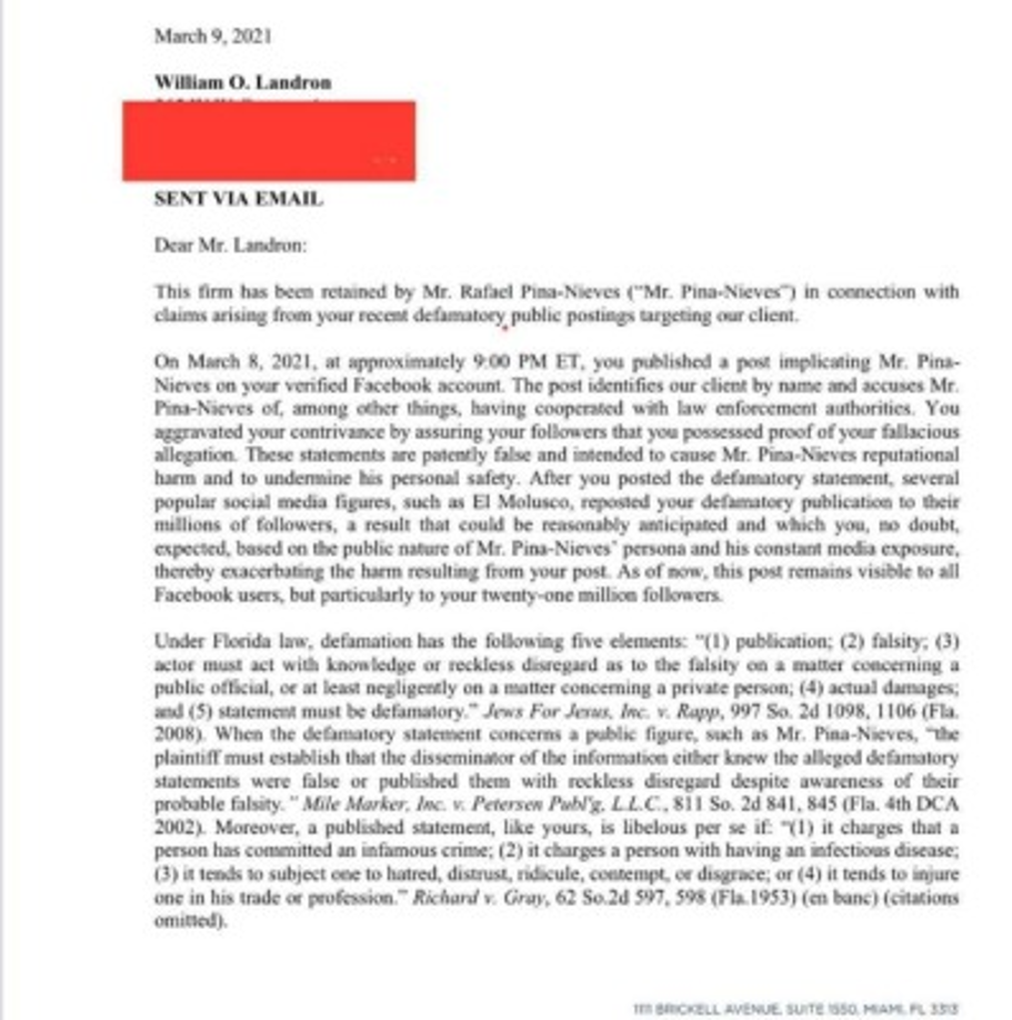 El documento que han enviado los abogados de Rhapy Pina a los representantes del cantante Don Omar.