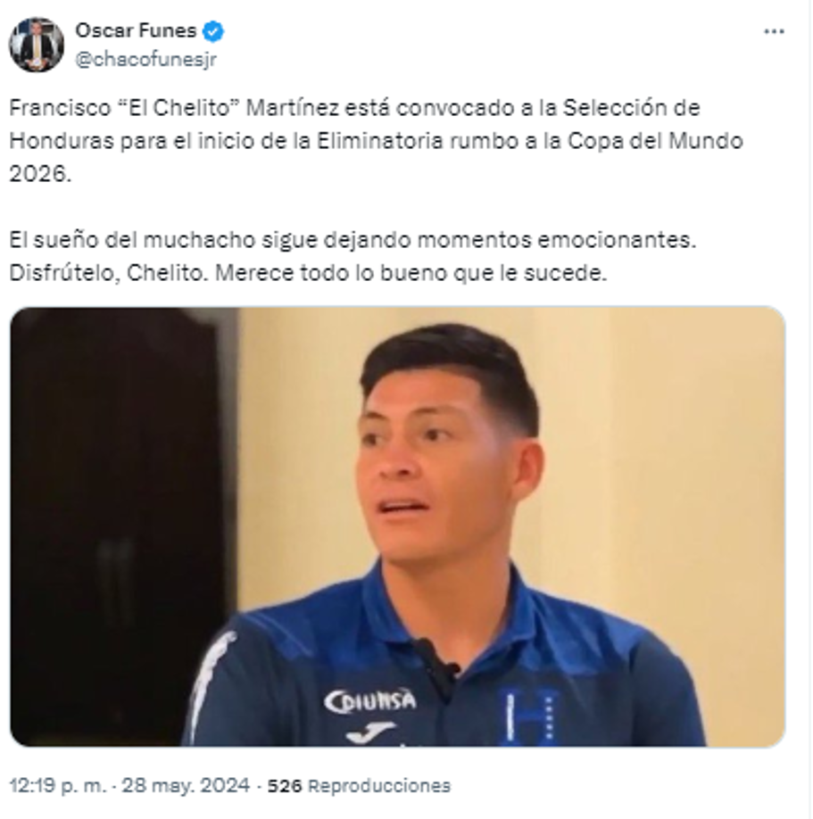 “El sueño del muchacho sigue dejando momentos emocionantes. Disfrútelo, Chelito. Merece todo lo bueno que le sucede”, publicó el periodista Óscar Funes.