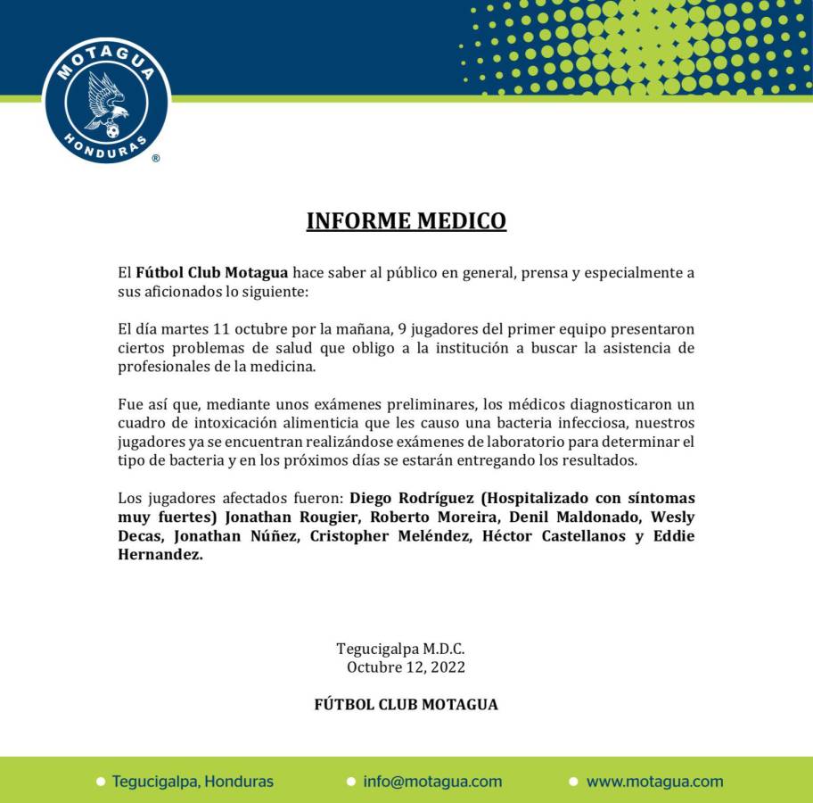 Jugadores de Motagua sufrieron una intoxicación previo al duelo ante Olimpia y el club emite comunicado
