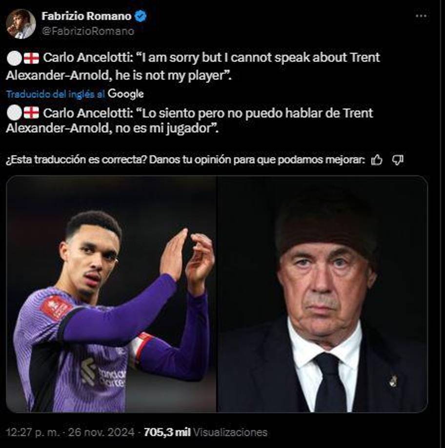 Carlo Ancelotti fue consultado sobre el posible fichaje de Trent Alexander Arnold, pero fue contundente: “Lo siento, pero no puedo hablar de Trent Alexander-Arnold, no es mi jugador”.