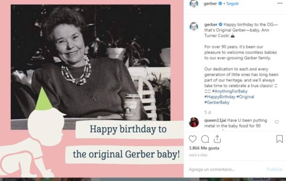 La compañía le envió un mensaje especial de cumpleaños junto a la foto que la hizo famosa con esos productos desde 1928. La foto fue compartida en Instagram y recibió muchos likes.