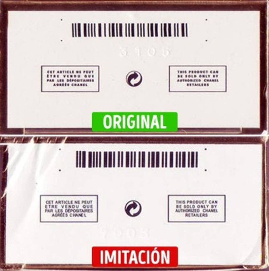 La caja con un perfume original siempre está cubierta con plástico bien estirado, el cual no se arruga ni tiene pliegues. Un empaque de perfume falsificado tiene una calidad visiblemente mala.