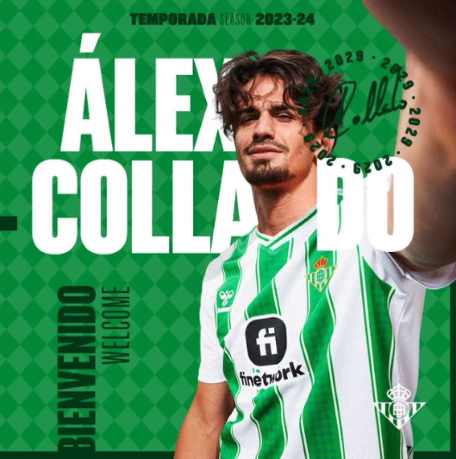 El Betis confirmó el fichaje de Alex Collado, procedente del Barcelona. El mediocampista rescindió su contrato con los azulgranas y firmó contrato hasta 2029.