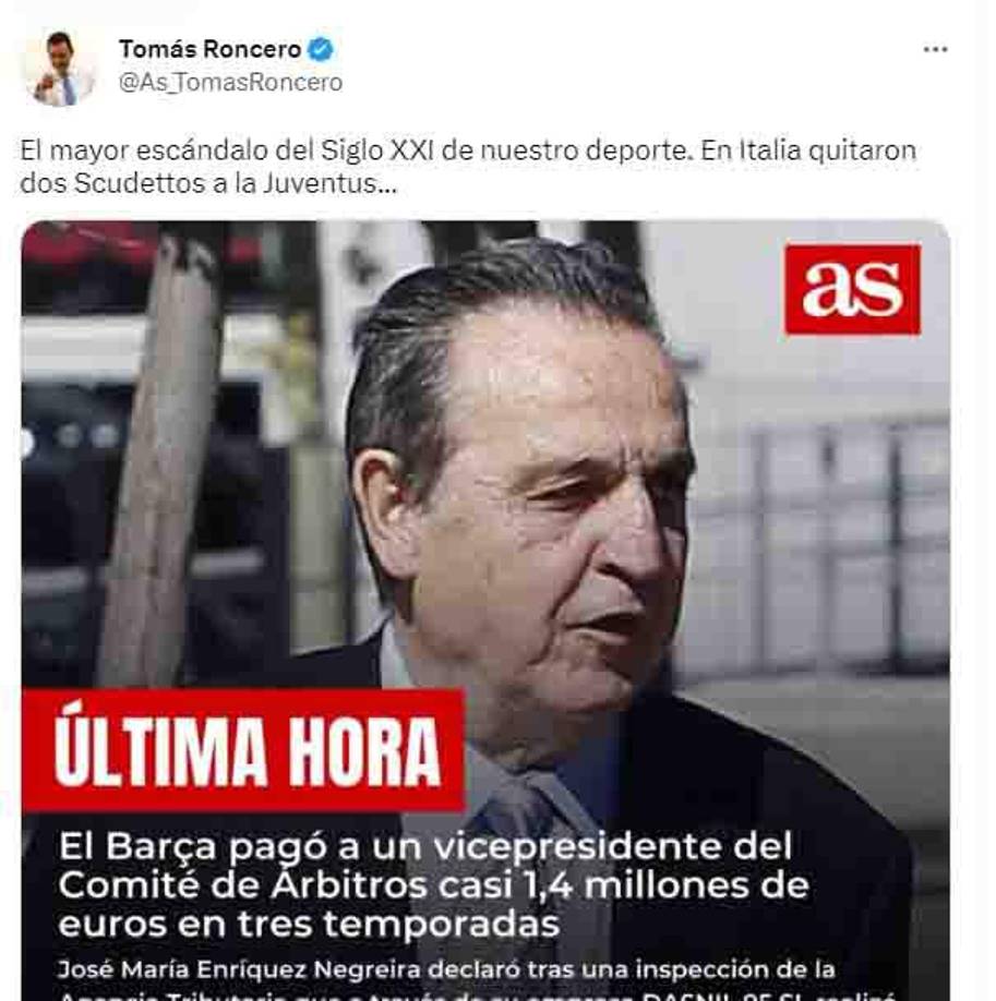 El periodista Tomás Roncero: “El mayor escándalo del Siglo XXI de nuestro deporte. En Italia quitaron dos Scudettos a la Juventus”.