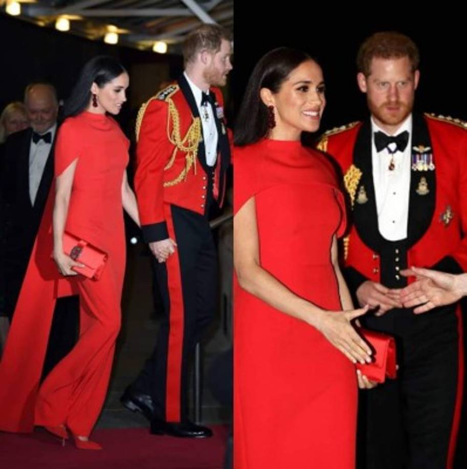 El Príncipe Harry acudió enfundado con el uniforme de la marina, negro y rojo, tal vez una de las últimas que lo use después antes de bajar de rango en la monarquía. Entendiendo que la despedida era un momento crucial en la vida de su marido, Meghan eligió un vestido largo de Safiyaa a juego.