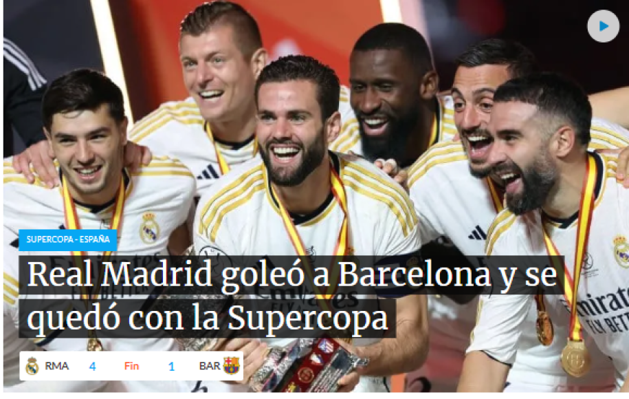 TyC Sports de Argentina: “Real Madrid goleó a Barcelona y se consagró campeón de la Supercopa de España”