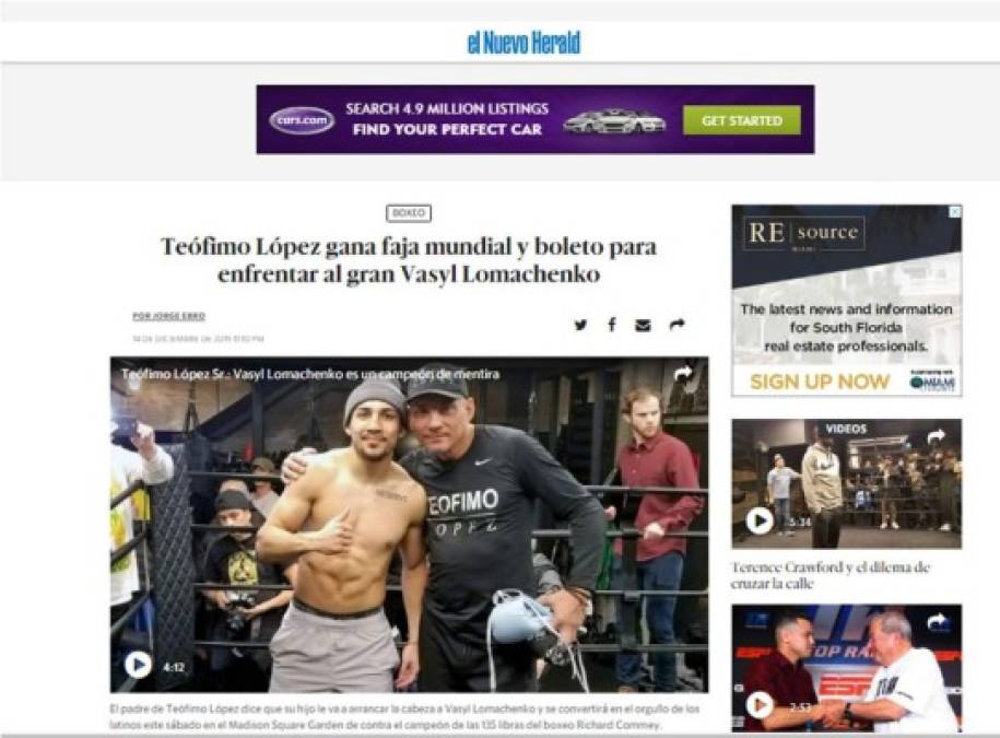 El Nuevo Herald - 'Teófimo López gana faja mundial y boleto para enfrentar al gran Vasyl Lomachenko'. 'Nunca antes la bandera de Honduras había brillado tanto en un ring. Teófimo López se alzó de manera espectacular para convertirse en campeón del mundo y retador directo de quienes muchos consideran el mejor boxeador libra por libra del mundo: Vasyl Lomachenko'.