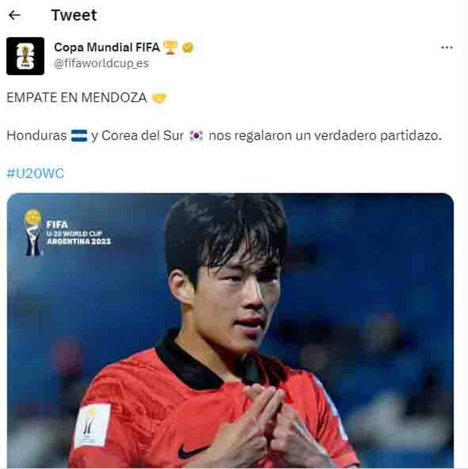 ”Empate en Mendoza. Honduras y Corea del Sur nos regalaron un verdadero partidazo”, señaló la FIFA.