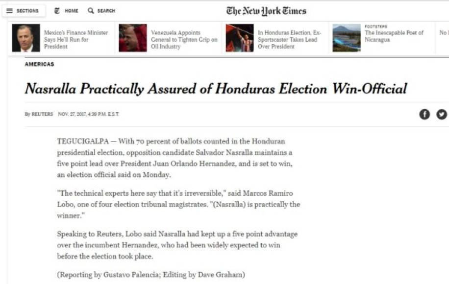 El New York Times también dio cobertura a las elecciones en Honduras.