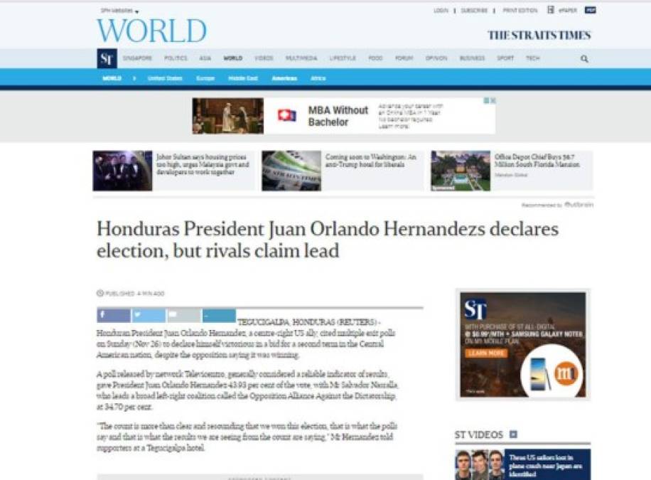 El diario Straits Times: 'El presidente de Honduras, Juan Orlando Hernández, declaró su elección, pero los rivales reclaman el liderazgo'.