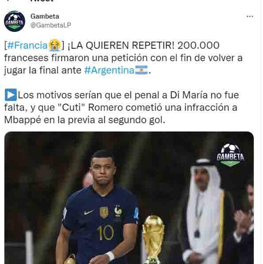 Insólitamente, esta petición cosechó casi 200 mil firmas en un lapso de tiempo. Según la petición, hay cuestionamientos al arbitraje del polaco Szymon Marciniak y protestan por los primeros dos goles de la Selección Argentina.