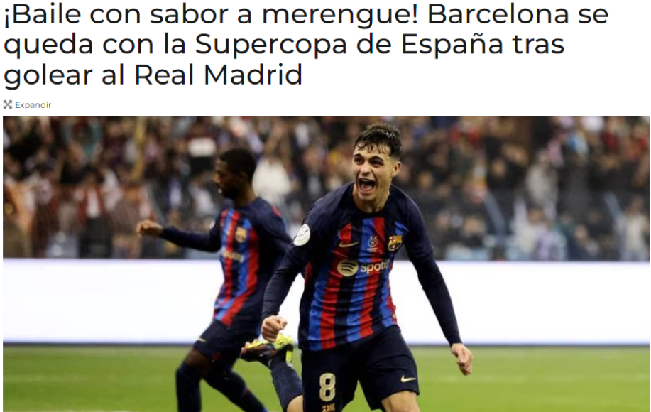 Fox Sports: “¡Baile con sabor merengue! Barcelona se queda con la Supercopa de España tras golear al Real Madrid”.