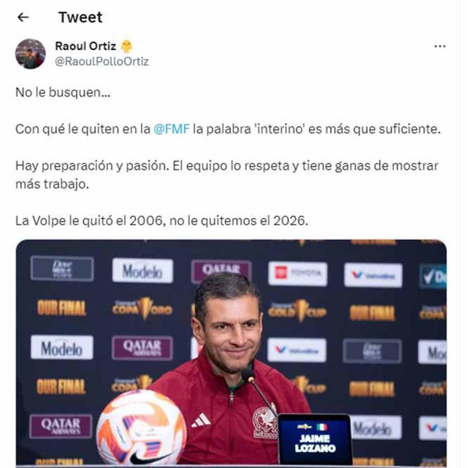 Raúl Ortiz destacó a Jaime Lozano tras la conquista de la Copa Oro 2023.