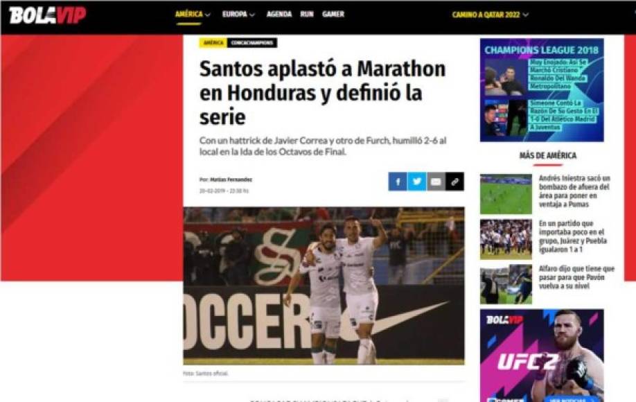 BolaVip - 'Santos aplastó a Marathon en Honduras y definió la serie'. 'Con un hattrick de Javier Correa y otro gol de Furch, humilló 2-6 al local en la Ida de los Octavos de Final'.