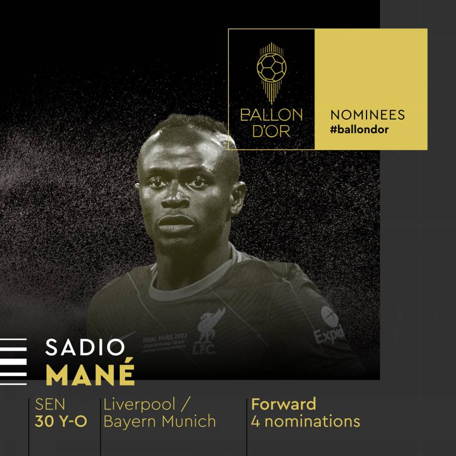 Sadio Mané - El delantero senegalés del Bayern Múnich, la temporada pasada en el Liverpool, también entra por cuarta vez en la lista de candidatos al Balón de Oro.